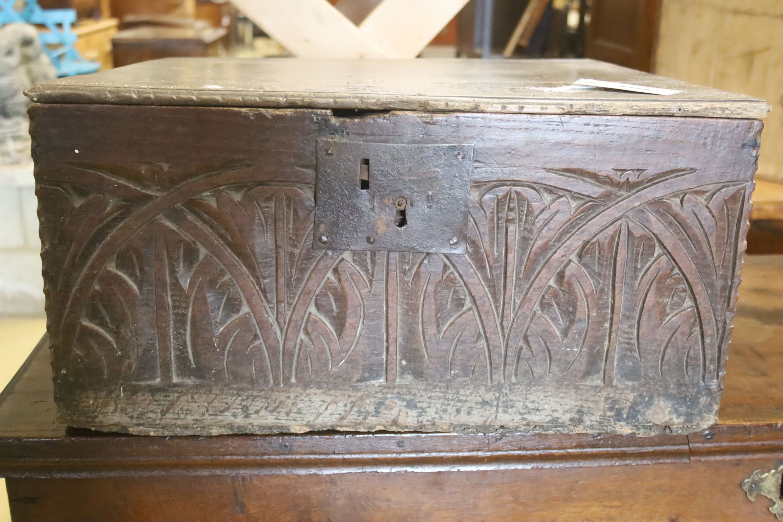 A 17th century oak bible box, width 49cm, depth 45cm, height 24cm